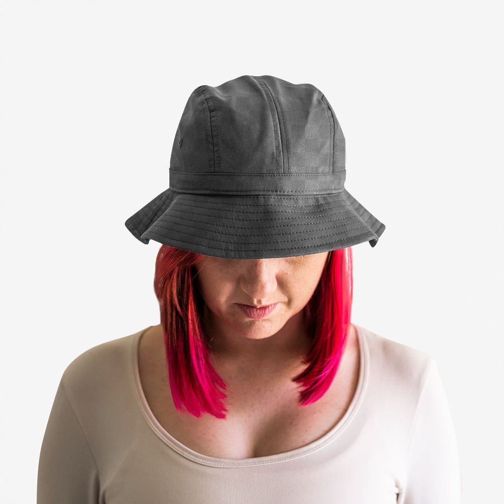 Woman in a gray bucket hat apparel mockup