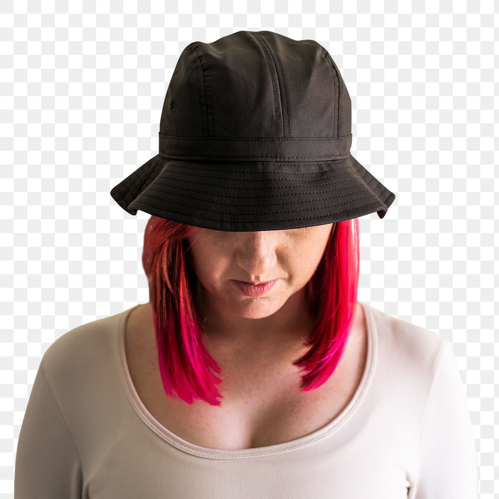 Woman in a gray bucket hat apparel png mockup