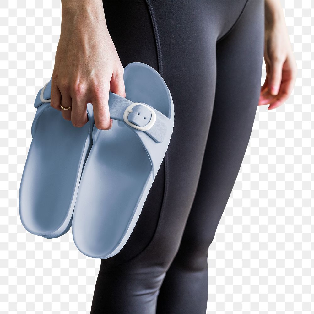 Png woman holding blue sandal mockup