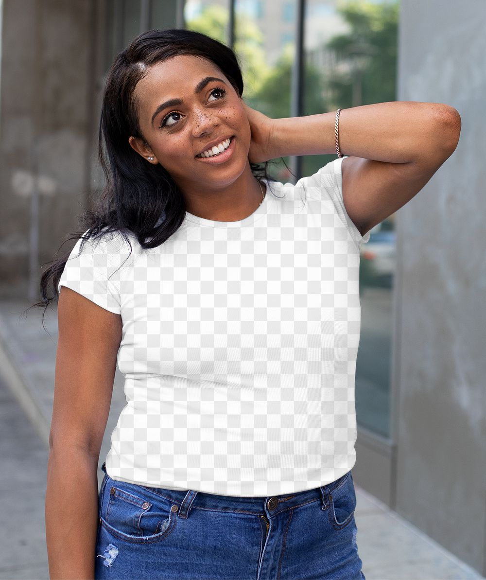 Png crop top mockup worn by a woman walking in the city street style apparel