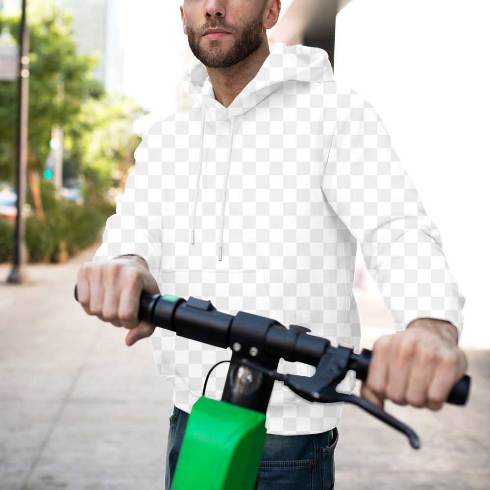 Png menswear hoodie mockup on man with scooter