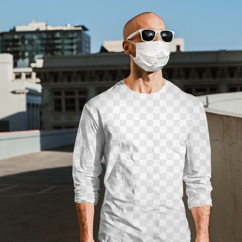 Png men&rsquo;s long sleeve tee mockup on man wearing face mask