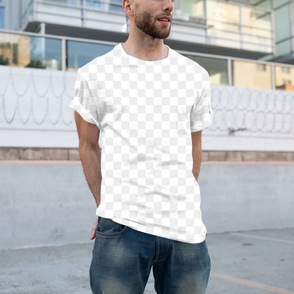 Png men&rsquo;s tee apparel mockup on a man in the city street style fashion