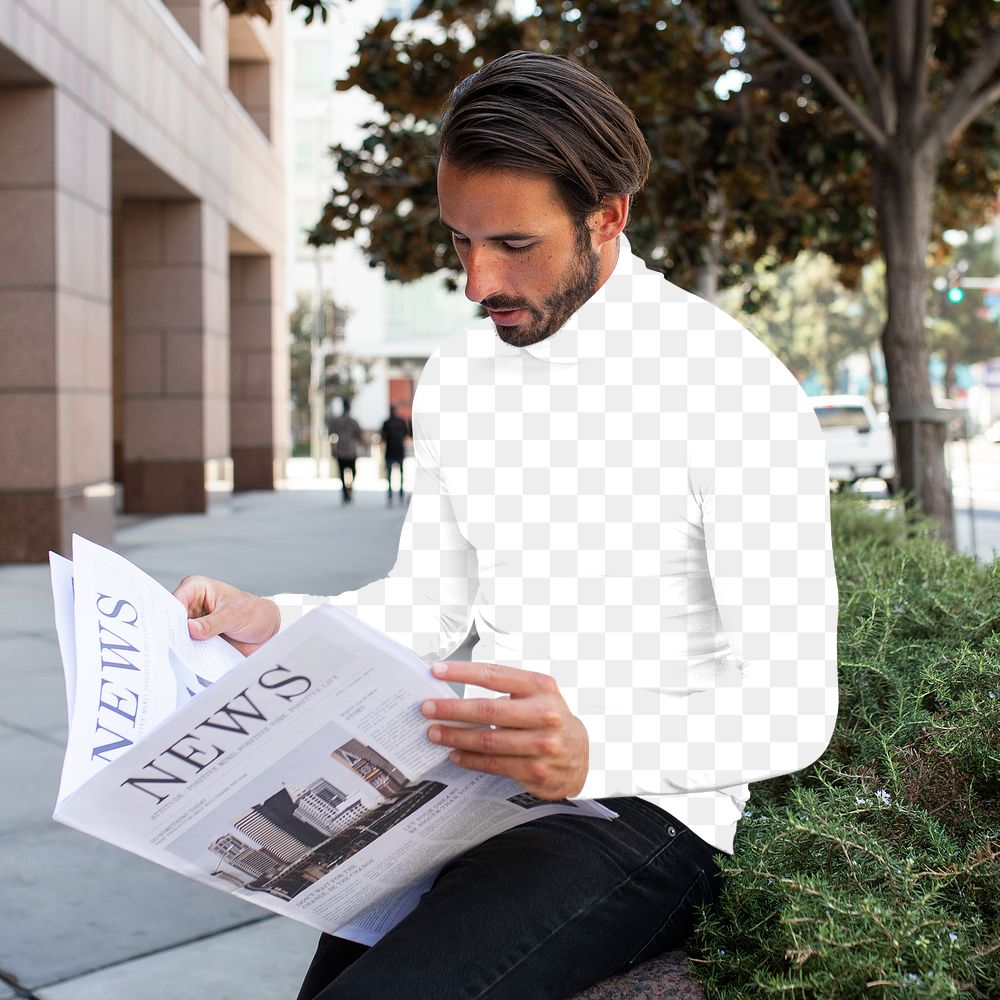 Png turtleneck shirt mockup on man reading newspaper in the city men&rsquo;s apparel fashion