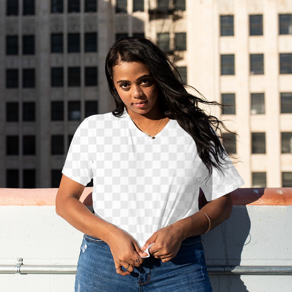 Png crop tee mockup worn by a woman on the rooftop