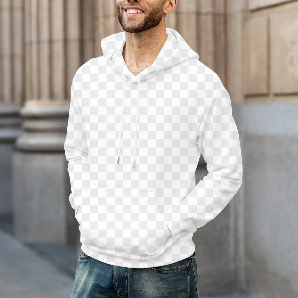 Png men&rsquo;s hoodie mockup on man with jeans