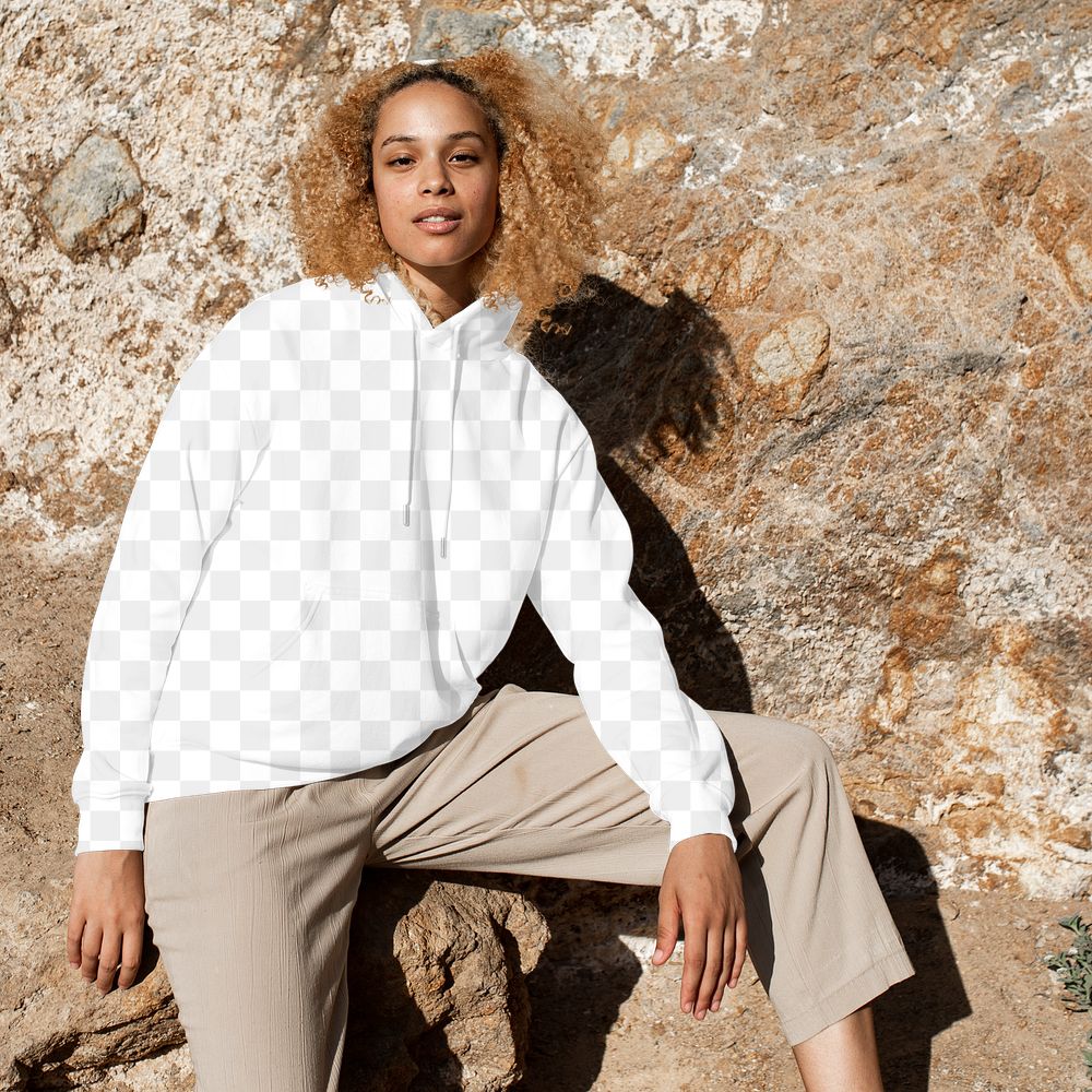 Png women&rsquo;s hoodie mockup beach apparel photoshoot