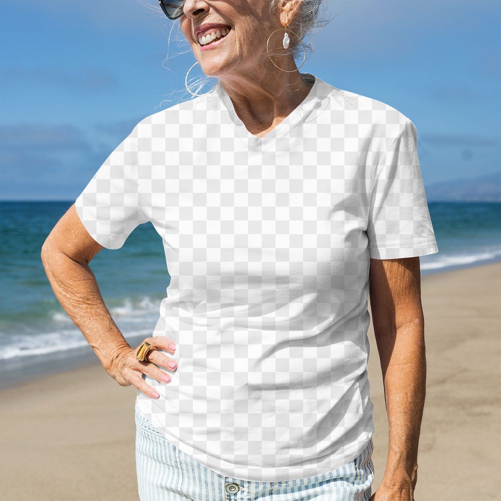 Png t-shirt mockup senior woman beach apparel outdoor photoshoot
