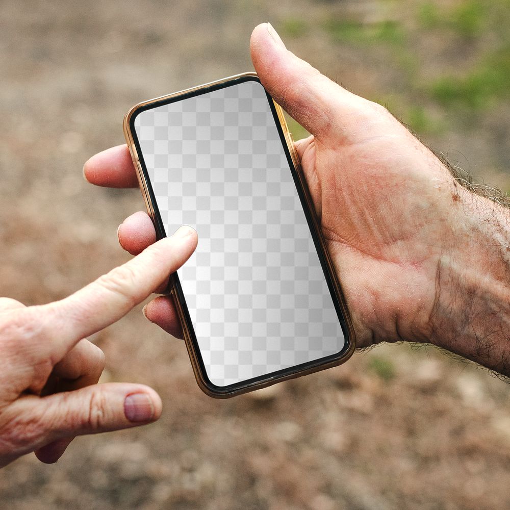 Png screen mockup of smartphone with senior couple using it