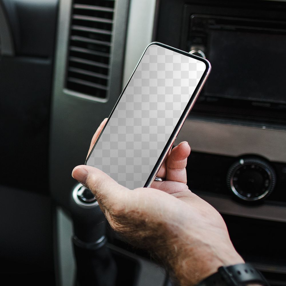 Png smartphone screen mockup with car interior background