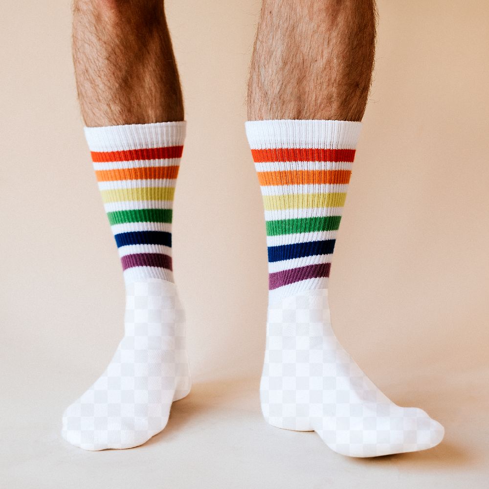 Man wearing rainbow socks png mockup