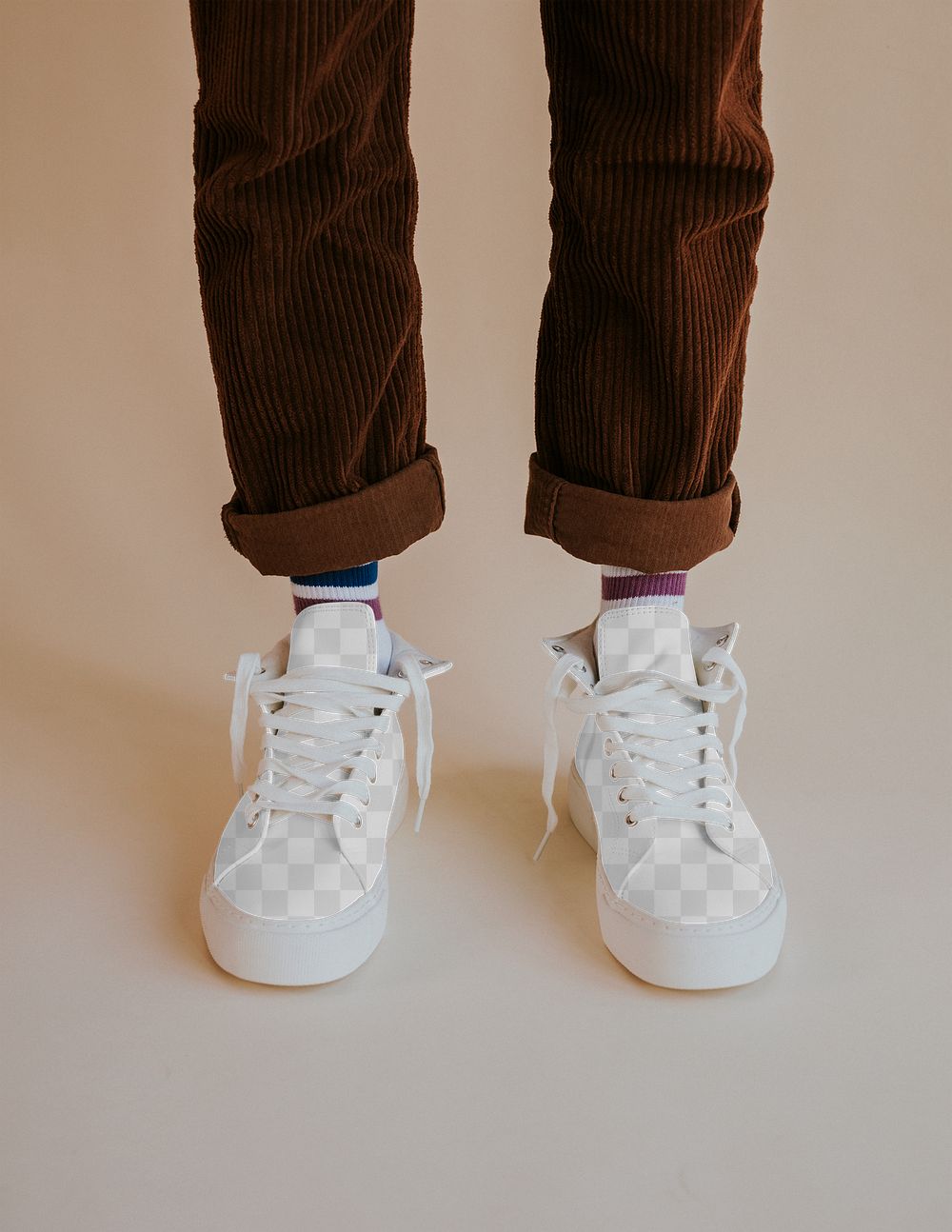 Png sneakers mockup with untied laces on model