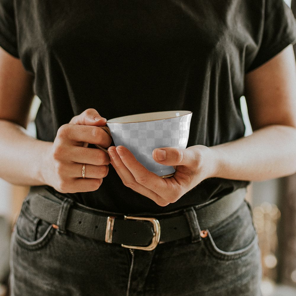 Woman with tea cup png mockup in her hands