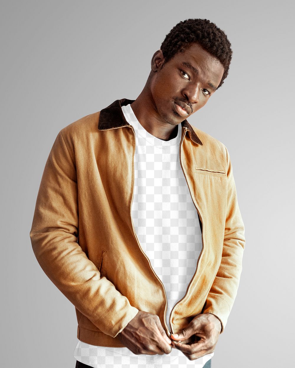 Men's beige jacket png with sweater mockup on gray