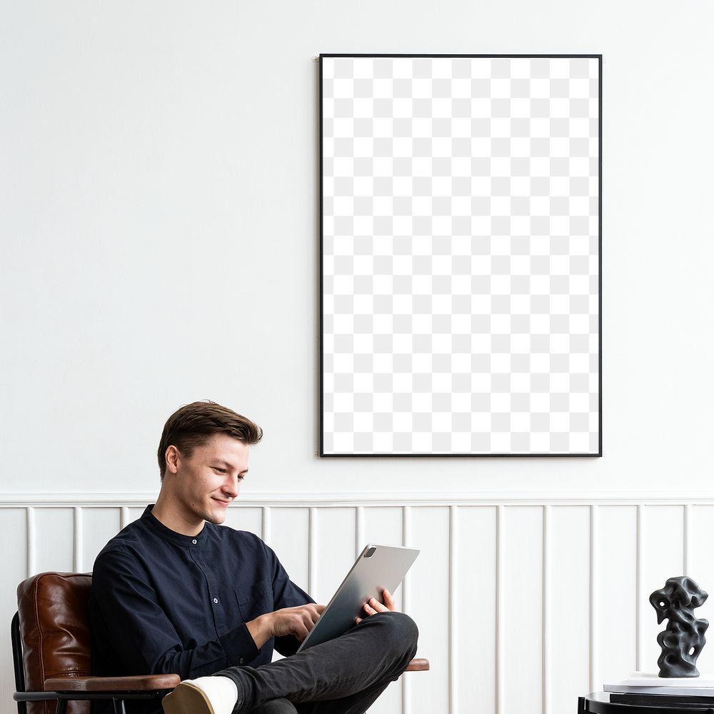 Frame mockup transparent png by a young man working from home with a tablet