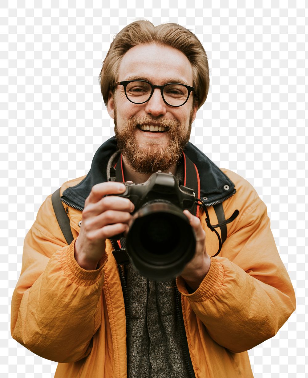 Photographer png mockup smiling and holding his camera