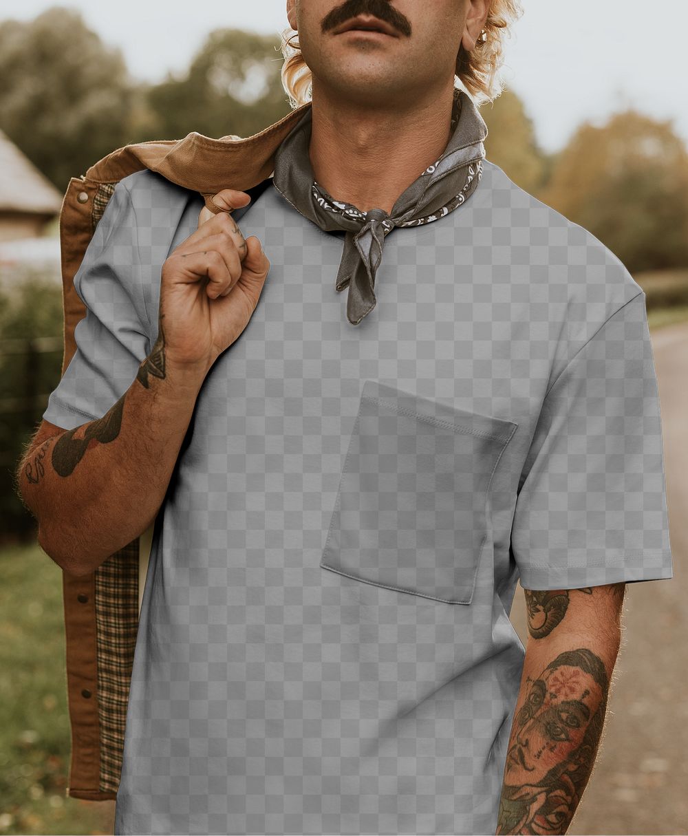 T-shirt png mockup on casual men's fashion outdoor shoot