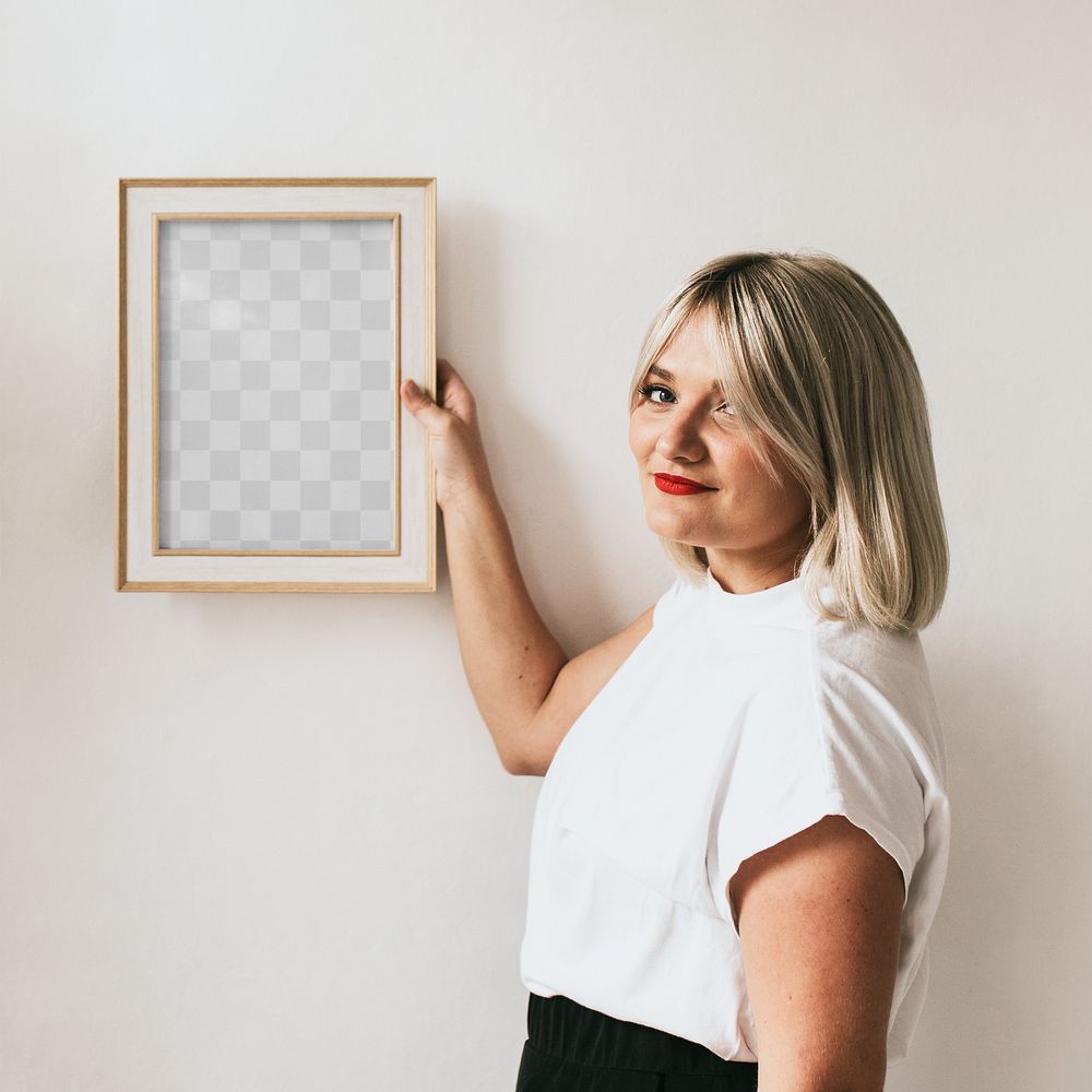 Frame mockup png, woman holding object 