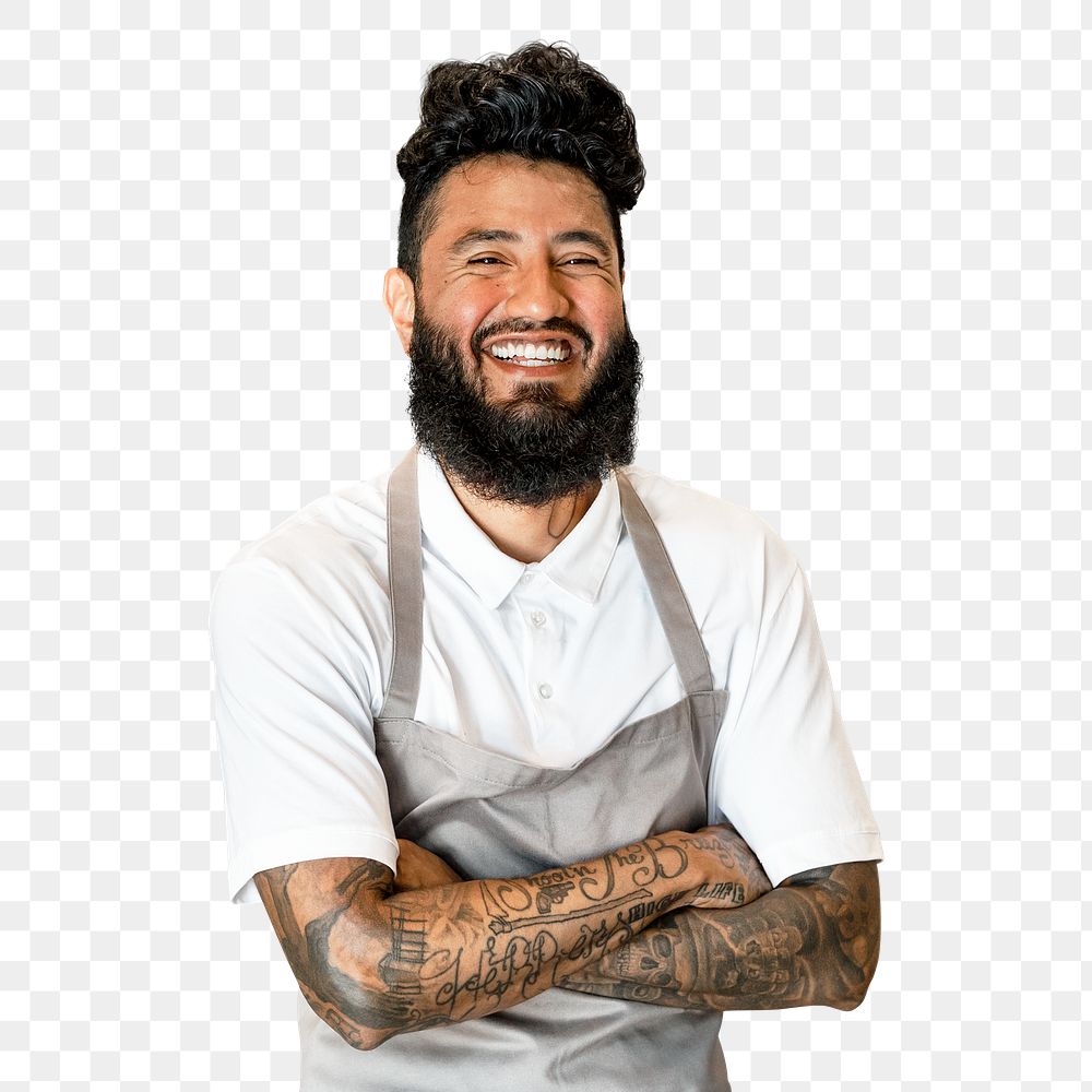 PNG man in apron, small business owner, half body cut out