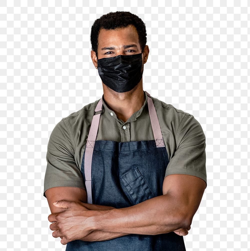 PNG man in apron, small business owner wearing black face mask, new normal lifestyle, half body cut out