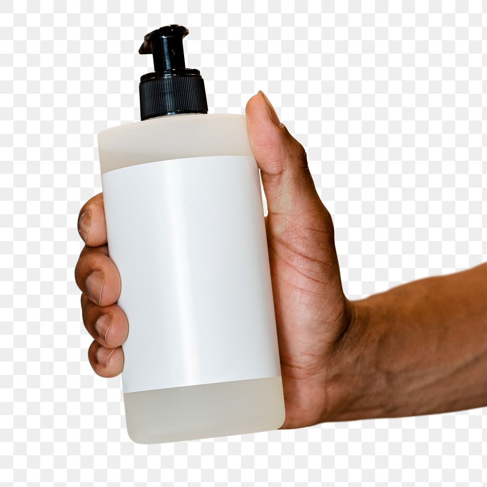 Pump bottle png, hand holding, beauty product packaging cut out