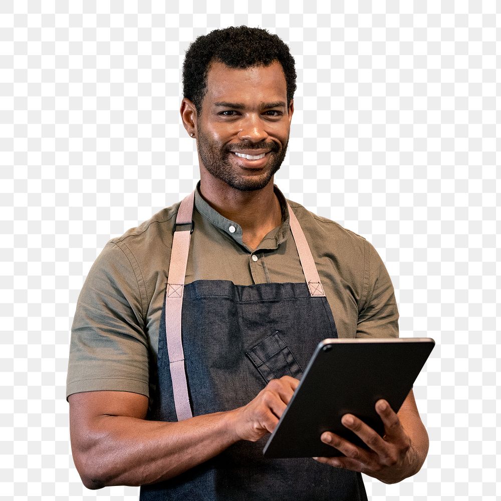 Man in apron png, using tablet, online booking  system