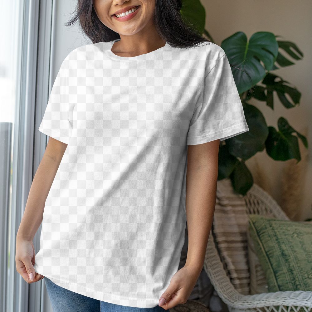 T-shirt mockup png, transparent tee, on a woman