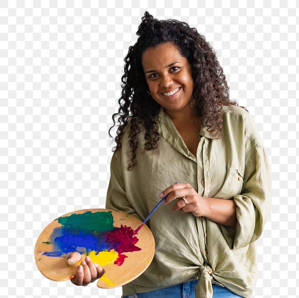 Woman artist png on transparent background, carrying color palette 