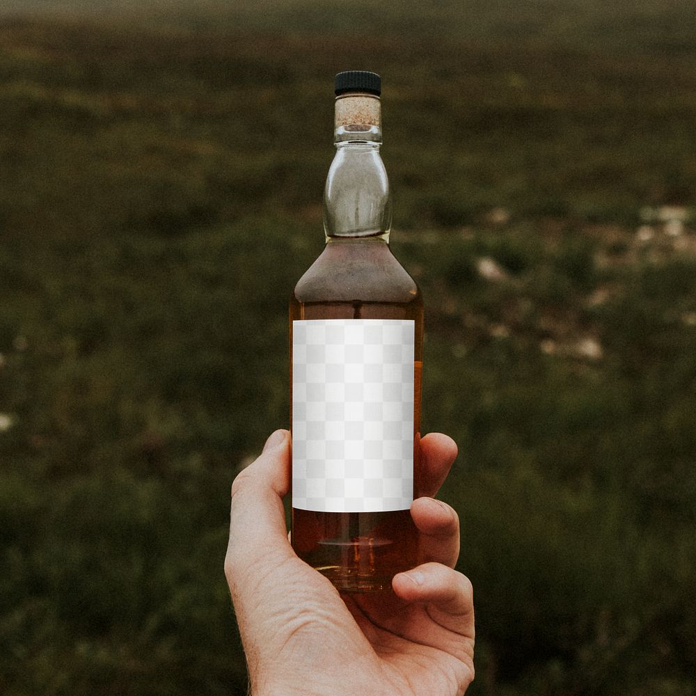 Whiskey bottle png label mockup, transparent design 