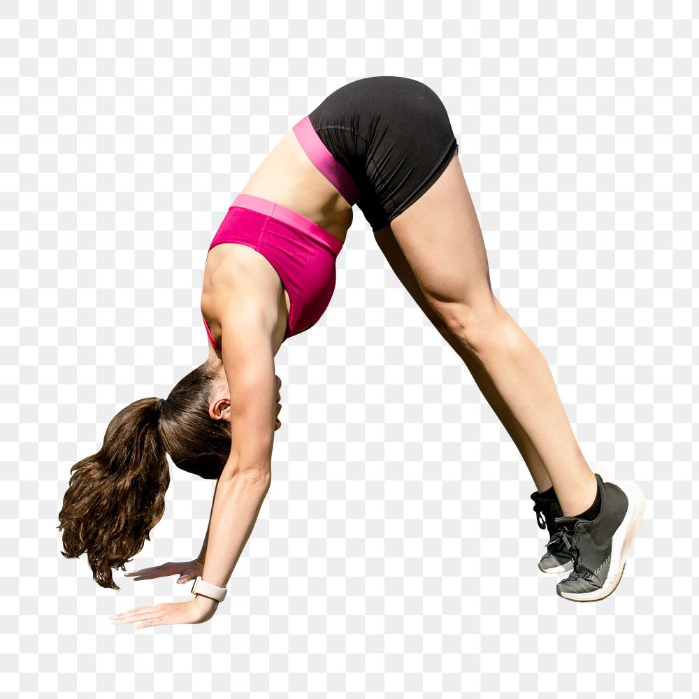 Woman athlete png stretching by doing a downward dog psd