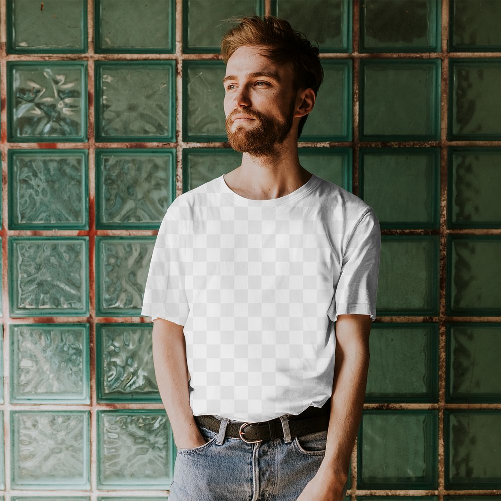 T-shirt transparent png mockup on beard hipster man