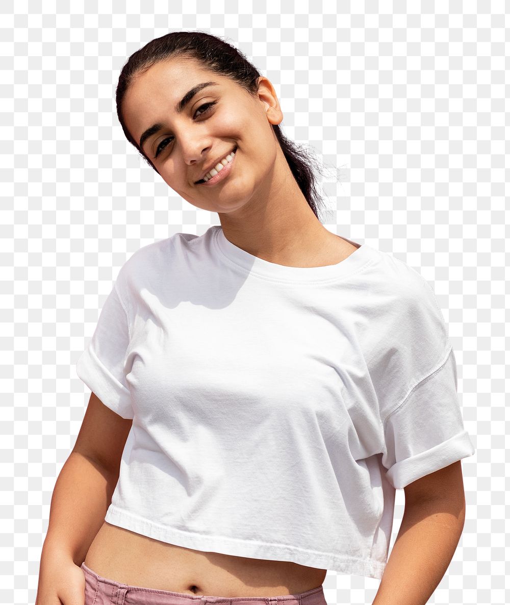 Woman half body png, white crop top, apparel fashion design