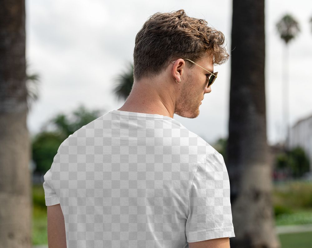 Transparent tee png, mockup design, rear view, men’s apparel fashion design
