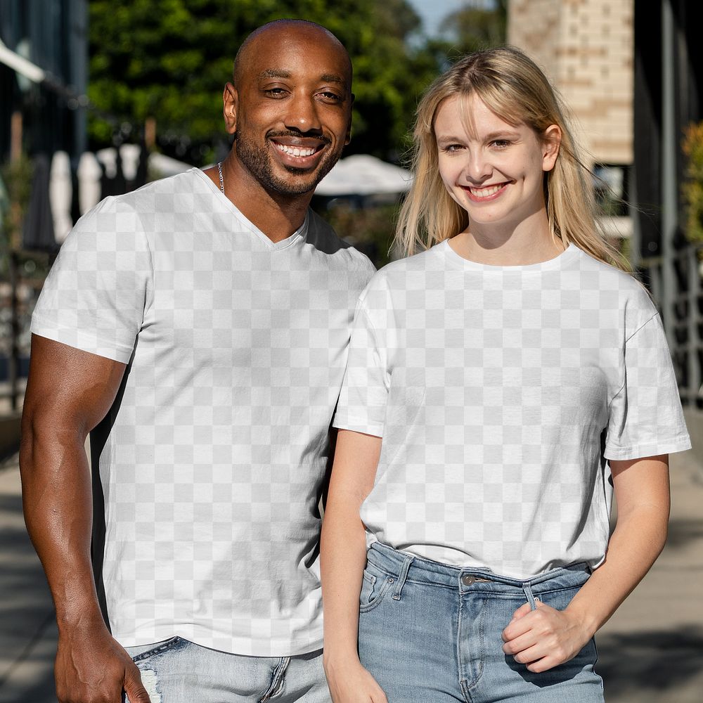 Plain shirt png mockup, transparent apparel design, couple enjoying dating in the city