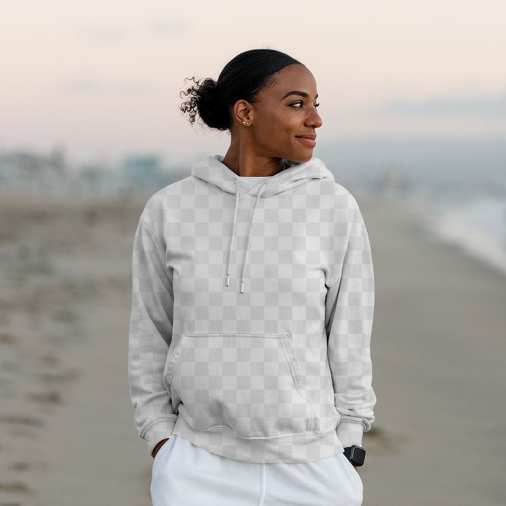 Streetwear apparel mockup png, young woman wearing hoodie at the beach
