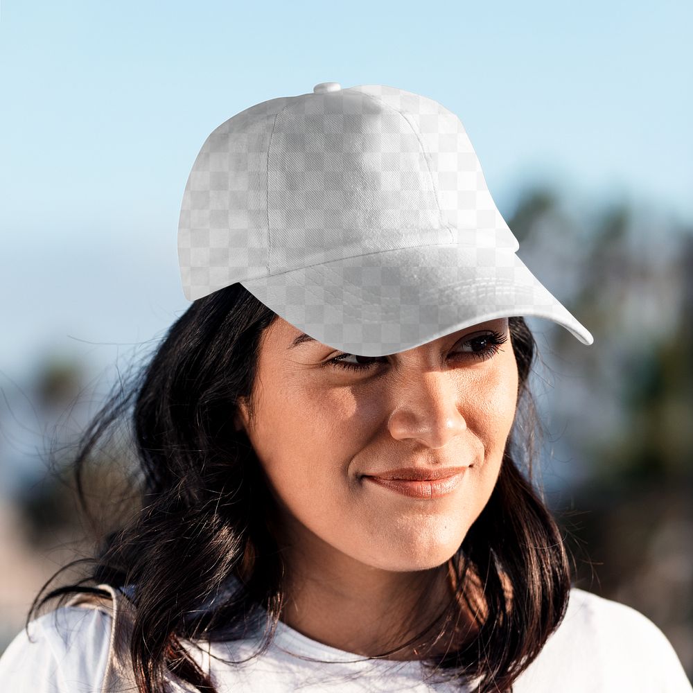 Transparent cap mockup png, Latina woman by the beach