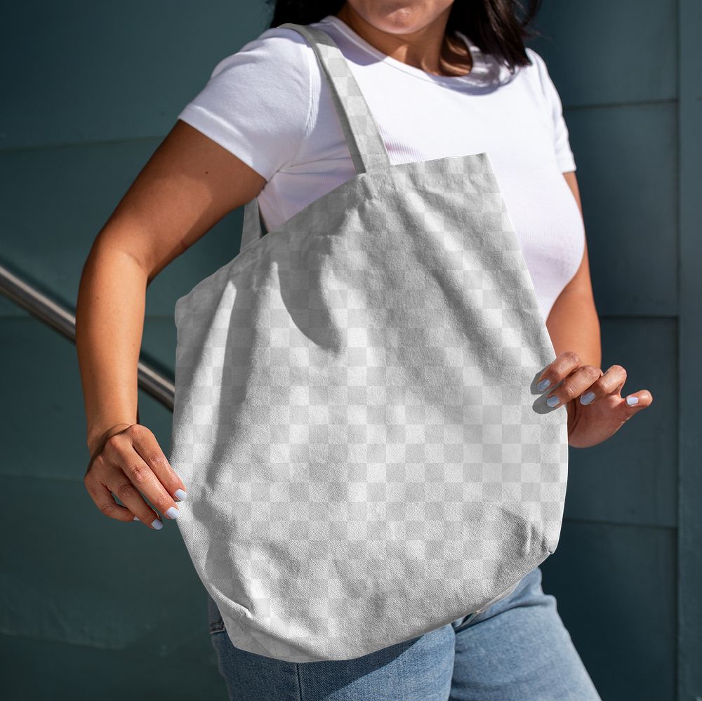 Casual bag mockup png, transparent tote accessory worn by a young woman