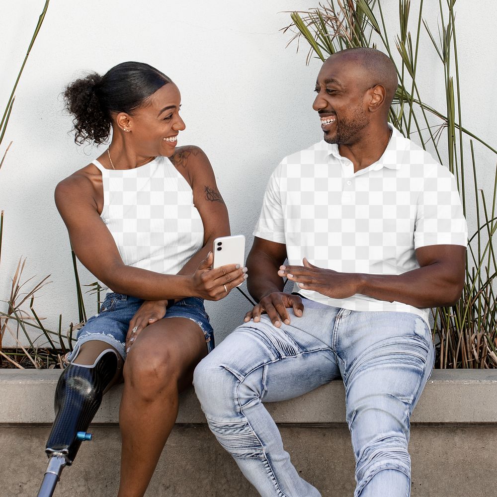 Couple shirt mockup png, amputee woman showing smartphone