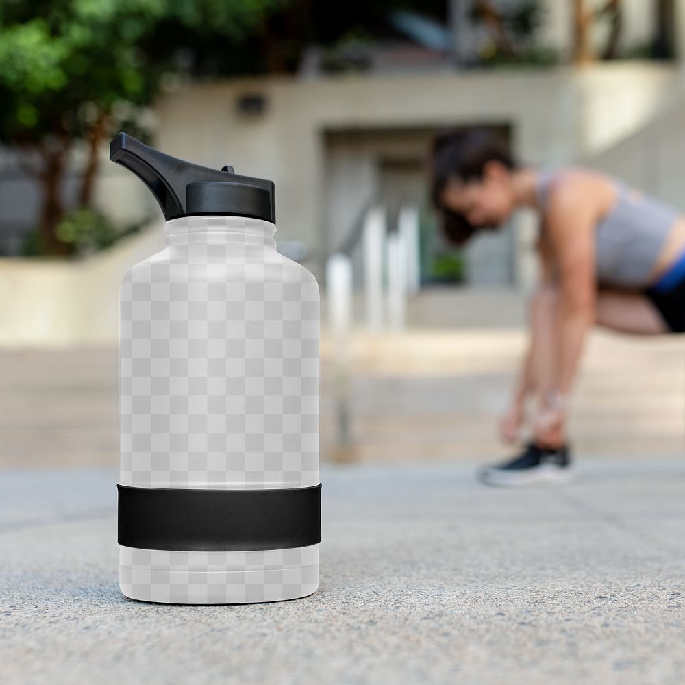 Water bottle png mockup transparent nearby an athletic woman, reusable sports accessory