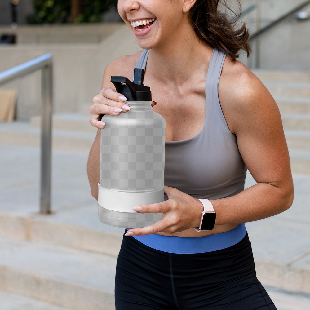 Water bottle png mockup transparent held by an athletic woman, reusable sports accessory 