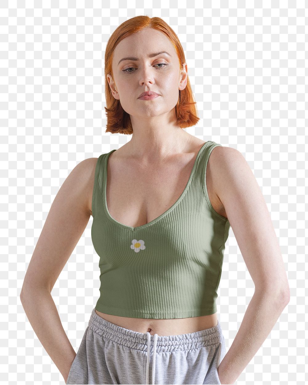 PNG woman in sleepwear, green tank top and gray pants