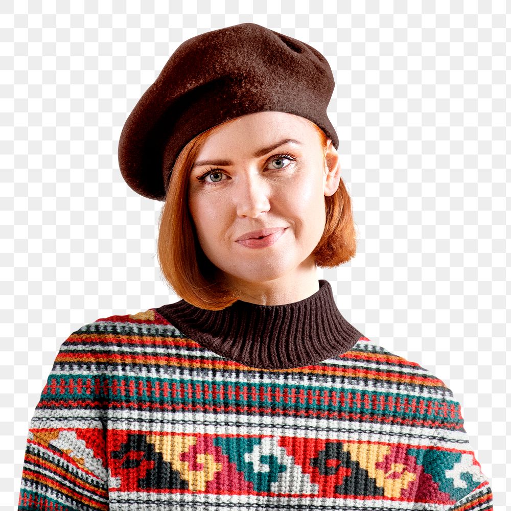 Woman png, wearing brown beret and jumper
