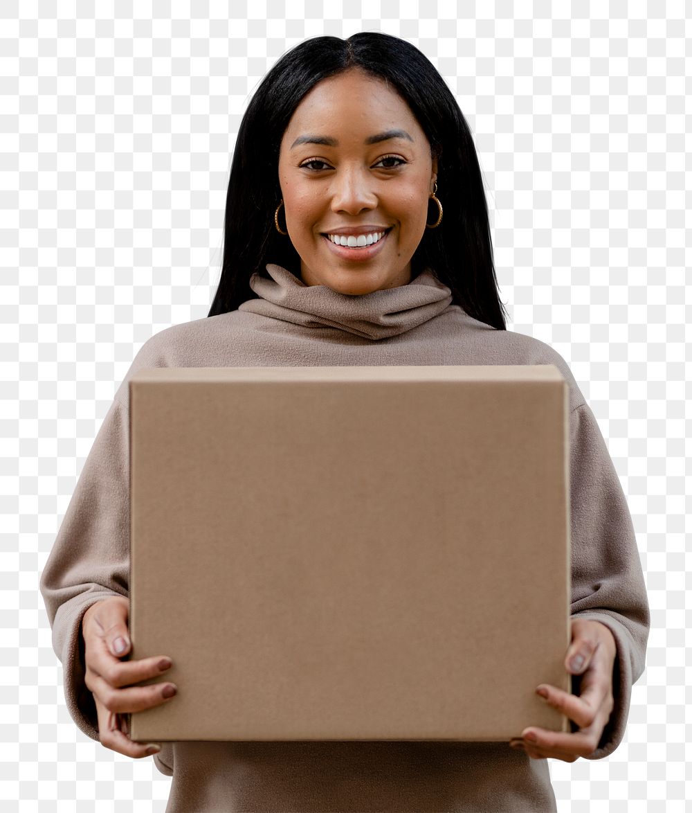 Happy woman png carrying box, transparent background