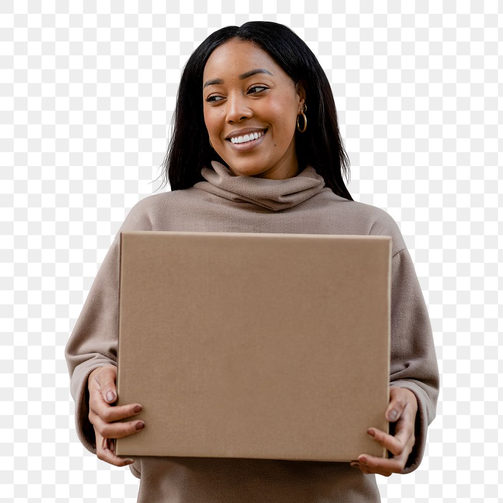 African woman png carrying package, transparent background