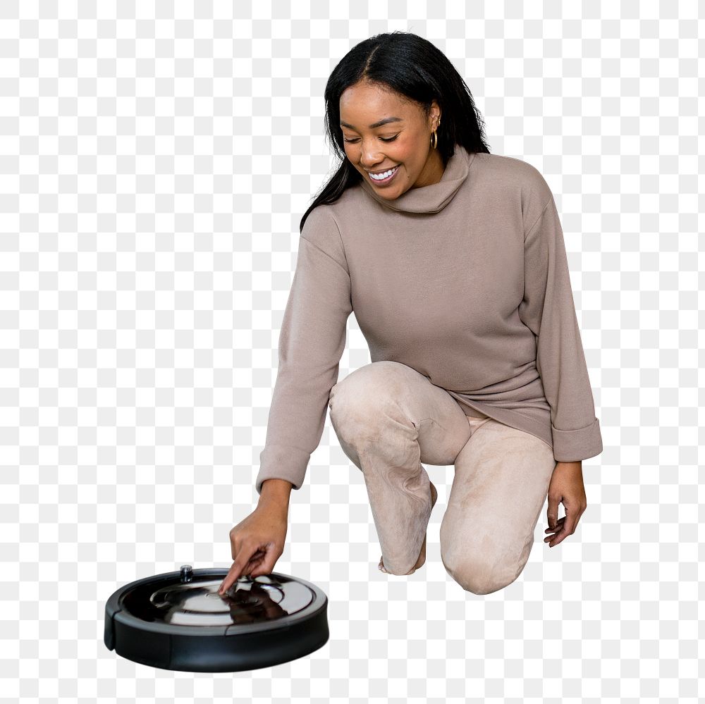 Woman using png robot vacuum cleaner, transparent background