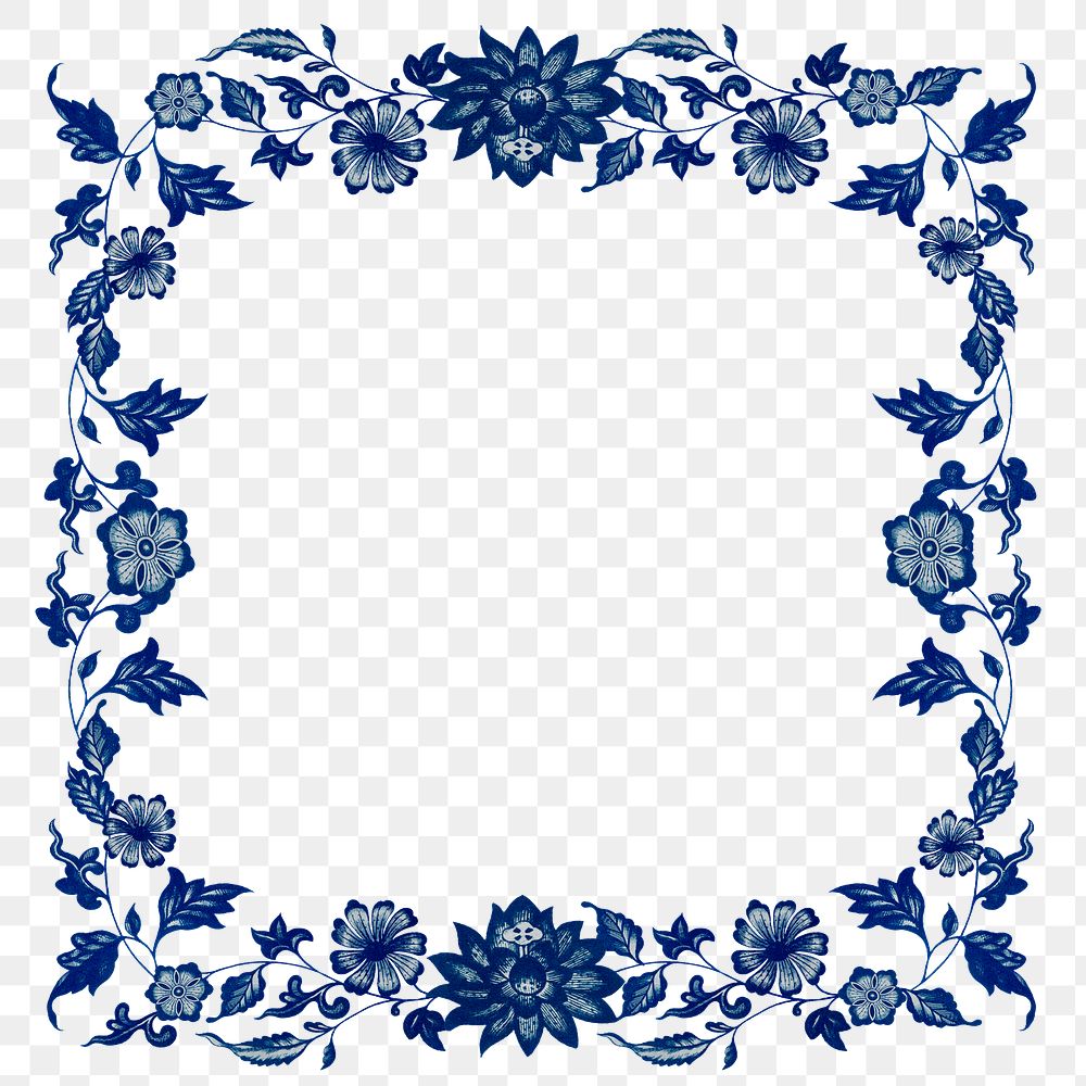 Blue flower frame png, vintage Chinese art on transparent background