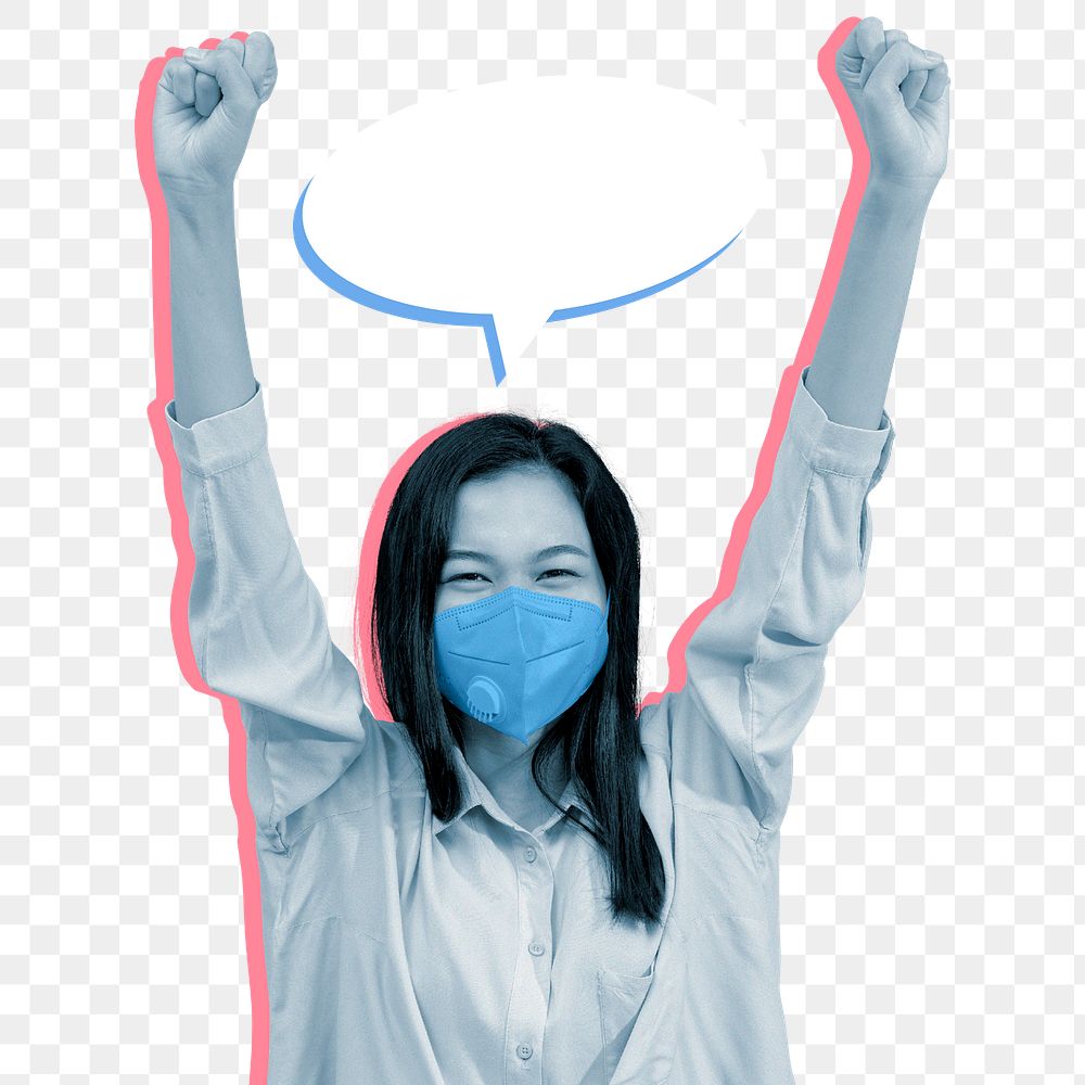 Cheerful Asian woman wearing a mask arms raised with a speech bubble transparent png