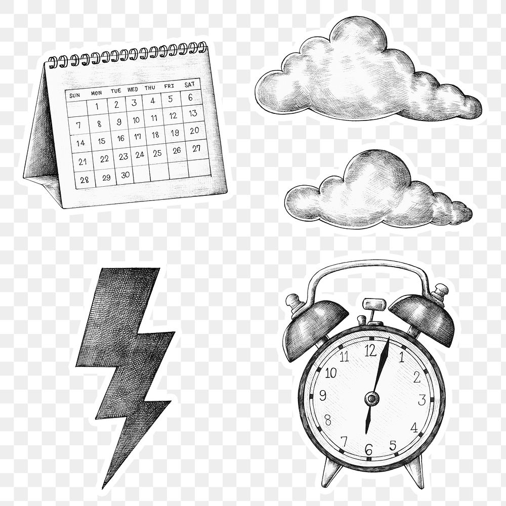 Png time and weather set sticker black and white