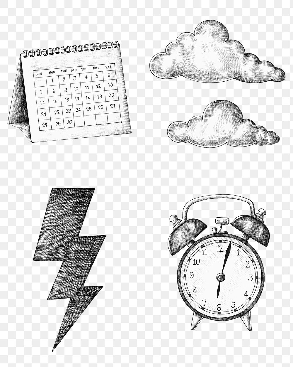 Hand drawn png time and weather sticker set