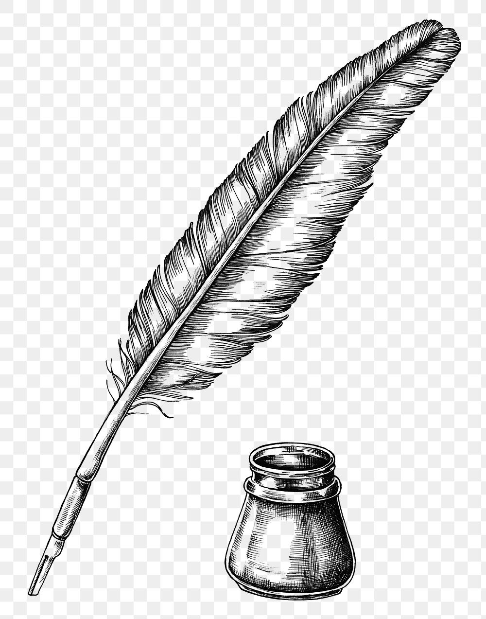Hand drawn quill pen with an inkwell transparent png